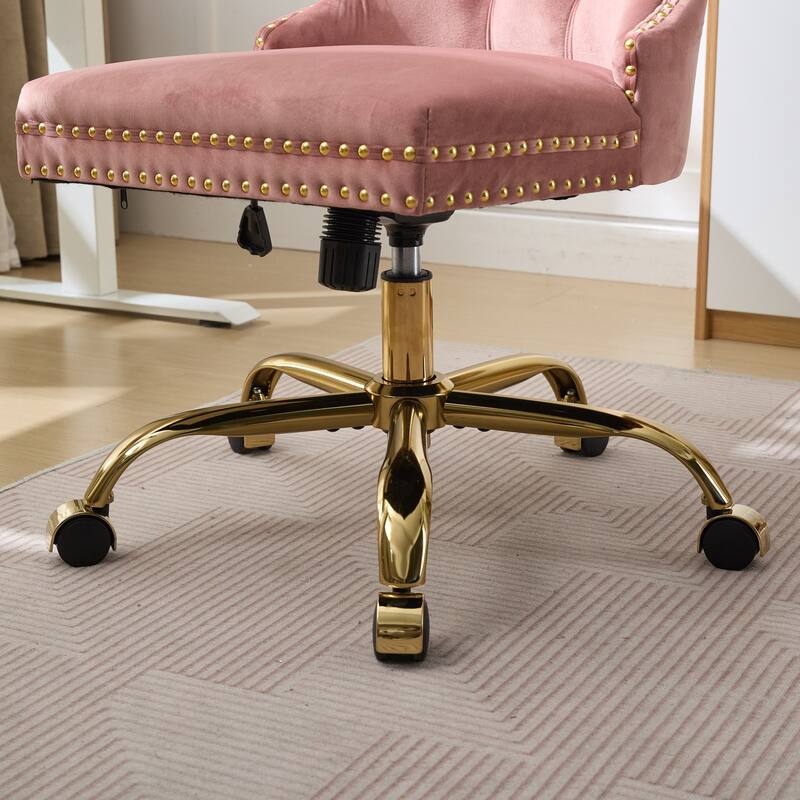 Modern Velvet Swivel Office Chair with Tufted Back/Golden Metal Base