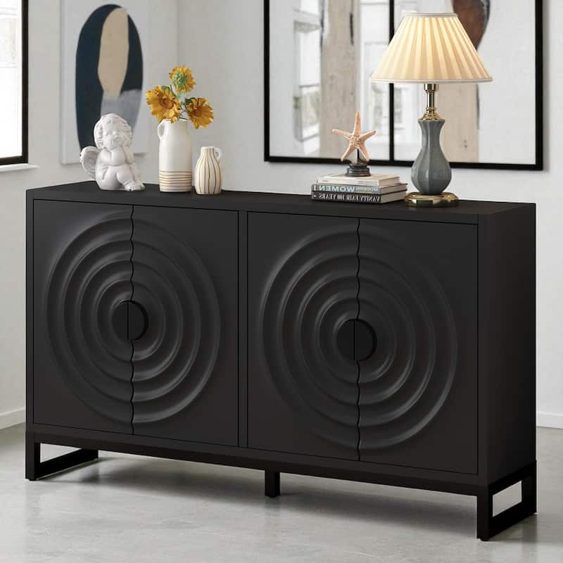 58" Storage Sideboard Cabinet with Water Wave Doors, Adjustable Shelves, Iron Legs and Handles for Entry or Study