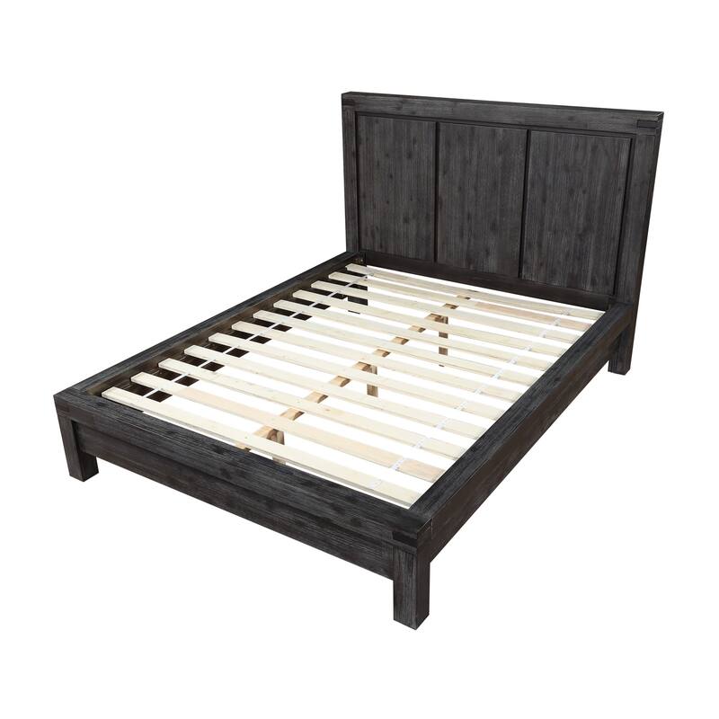 Gael Full Size Bed, Acacia Wood, Panel Headboard, Wire Brushed Gray Finish