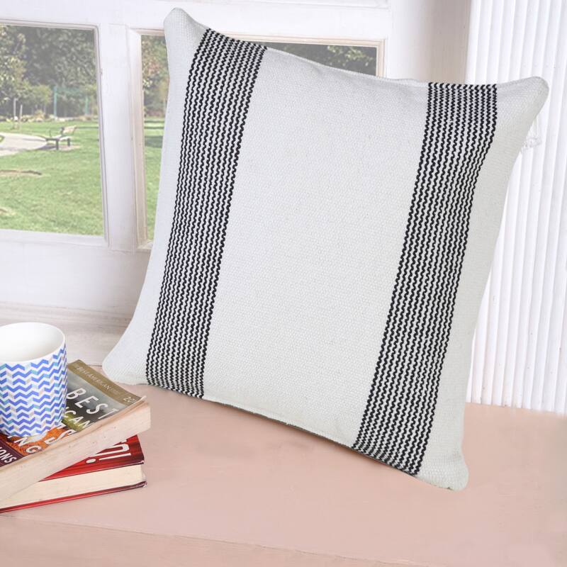 Handwoven Geometric Striped Cotton Throw Pillow Cover - 20" - White and Black