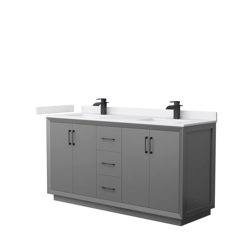 Strada 66-Inch Double Vanity Set, Cultured Marble Top - Dark Gray, Black Trim, White Cultured Marble Top