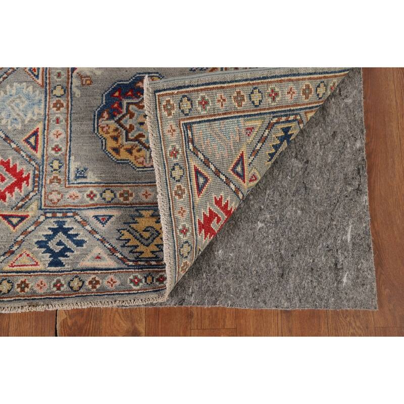Gray Geometric Kazak Oriental Runner Rug Hand-Knotted Wool Carpet - 2'9" x 10'0"