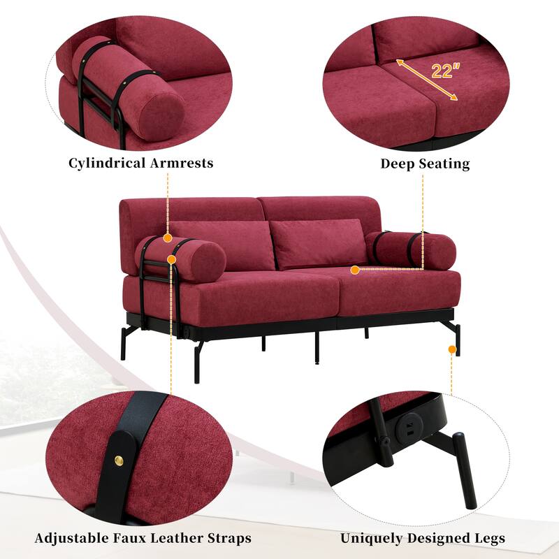 Chenille Loveseat Sofa, 59" 2 Seater Sofa with USB Ports, Round Arms, Adjustable Faux Leather Straps for Living Room