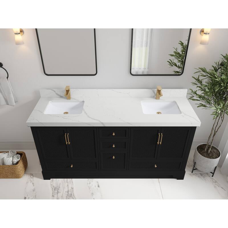 Willow Collections 72 x 22 Alys Double Bowl Sink Bathroom Vanity with Countertop - 2"Calacatta Laza - Black