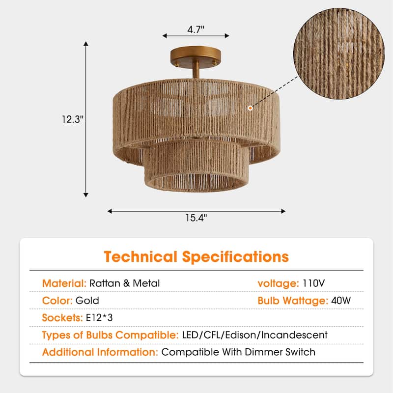 Bohemian 3-Light Antique Gold Natural Jute Rope Drum Semi-Flush Mount Ceiling Light - 15.4" W x 12.6" H