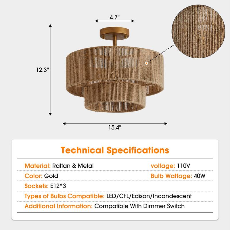 Bohemian Gold Natural Handmade Jute Rope 3-Light Two-Tier Drum Semi-Flush Mount Ceiling Light - 15.4"Wx12.6"H