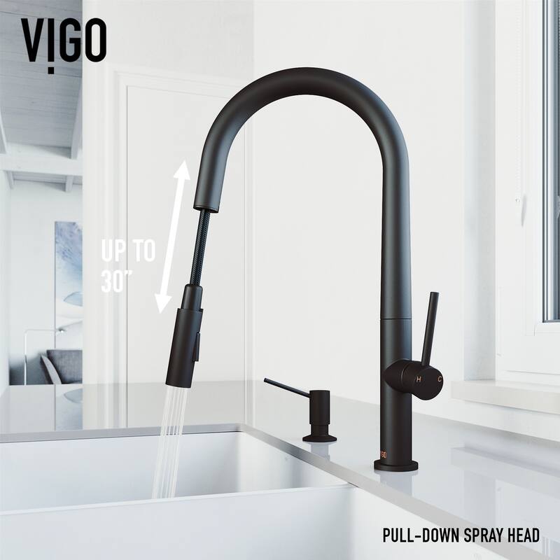 VIGO Greenwich 18" H Single Handle Pull-Down Sprayer Kitchen Faucet - With Braddock Soap Dispenser - Matte Black