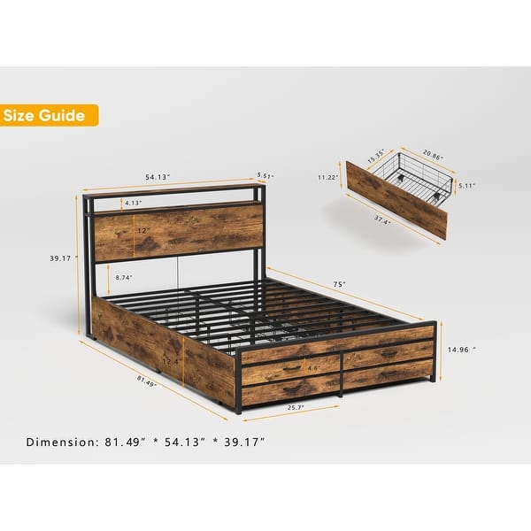 dimension image slide 0 of 2, Full Size Metal Platform Bed with 8 Storage Drawers and LED Headboard Featuring Charging Station with USB