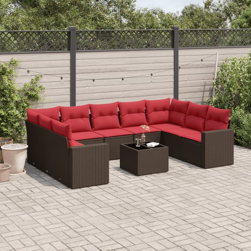 vidaXL Patio Sofa Set with Cushions Outdoor Conversation Furniture Poly Rattan - 25.8" x 24.4" x 27.2" - Brown and red with table