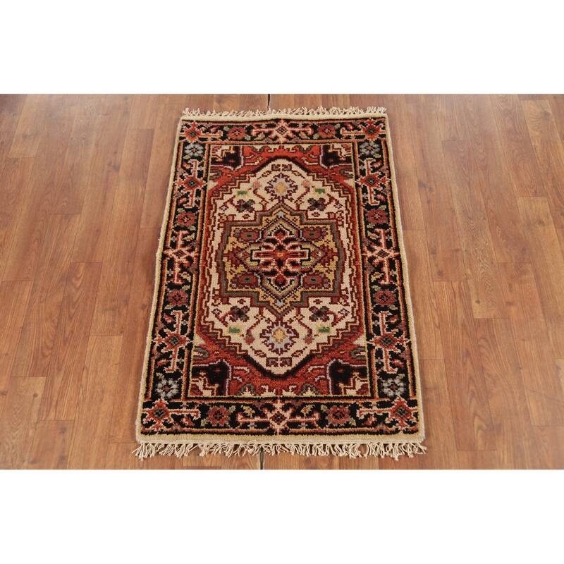 Geometric Heriz Serapi Indian Rug Handmade Beige Foyer Wool Carpet - 2'0"x 3'0"