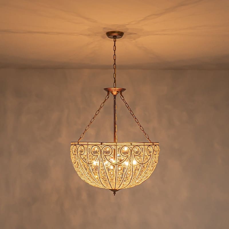Spanish Antique Gold Bronze Crystal Accented Basket Cage Chandelier