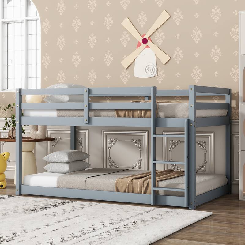 Solid Rubber Wood Twin over Twin Bunk Bed with Ladder, Grey, Strengthened Slats, Space Storage
