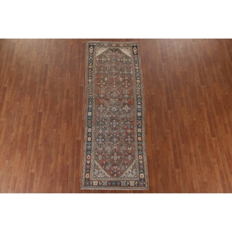 Hand Knotted Oriental 100% Wool Carpet Traditional Geometric Oranges & Rust Hamedan Runner Rug - 9' 1'' X 3' 3''
