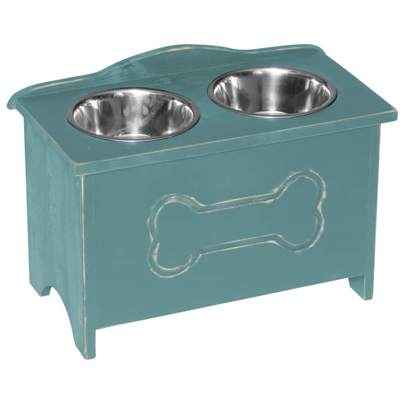 Amish Made Pine Dog Feeder with Storage Chest - Sea Foam Green