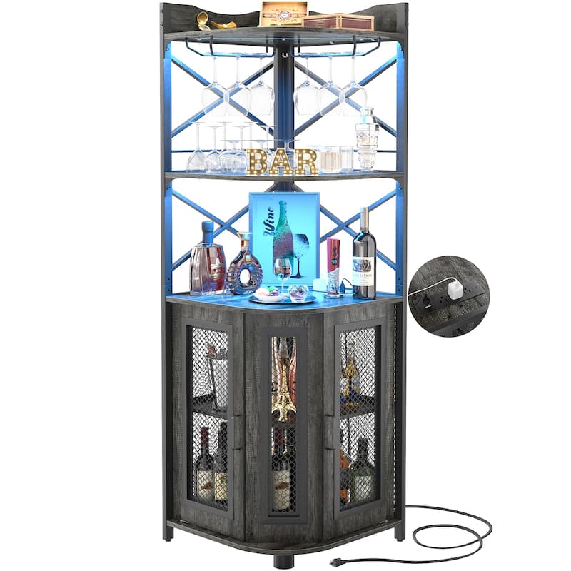 Corner Bar Cabinet with Charging Station and Ambiance Light, Liquor Display Storage Shelves with Glass Holder - Brown
