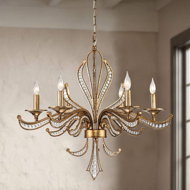 6-Light Mid-Century Modern Transitional Antique Silver Round Hand-Beaded Crystal Candle Large Chandelier