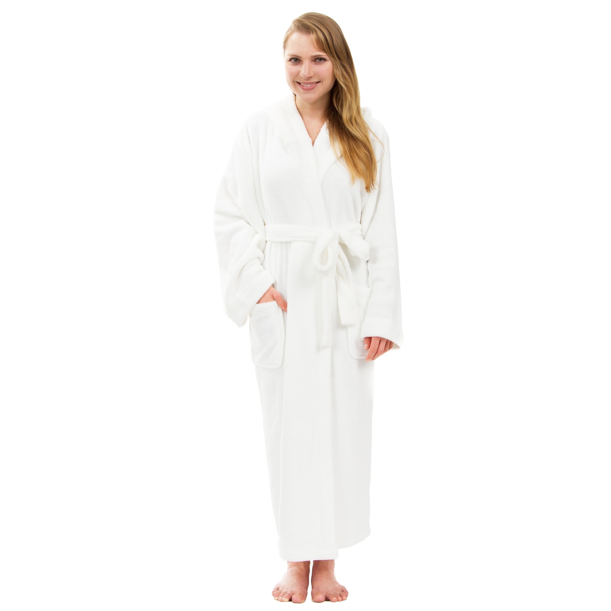 Women's Hooded Plush Robe, Long Fleece Solid Robe