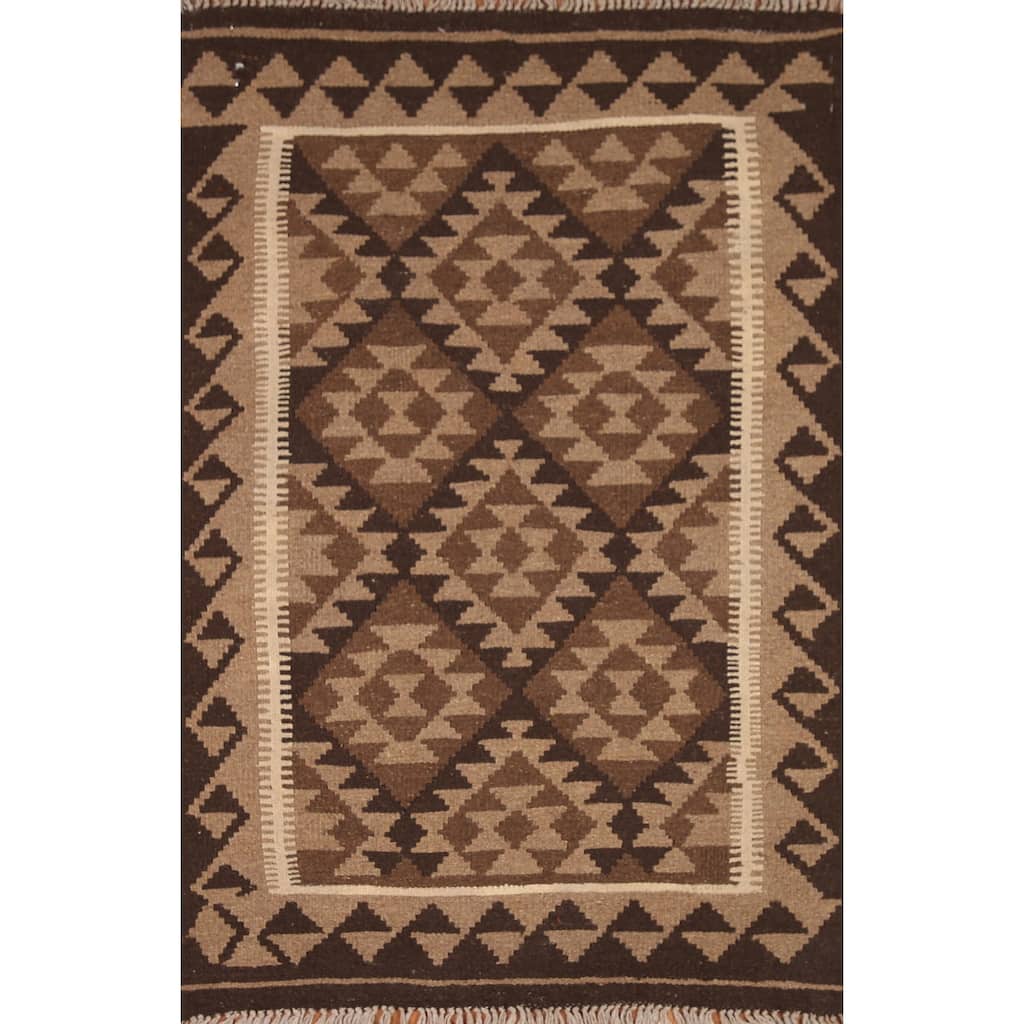 Brown Geometric Kilim Oriental Area Rug Hand-woven Wool Foyer Carpet - 3'3" x 5'0"