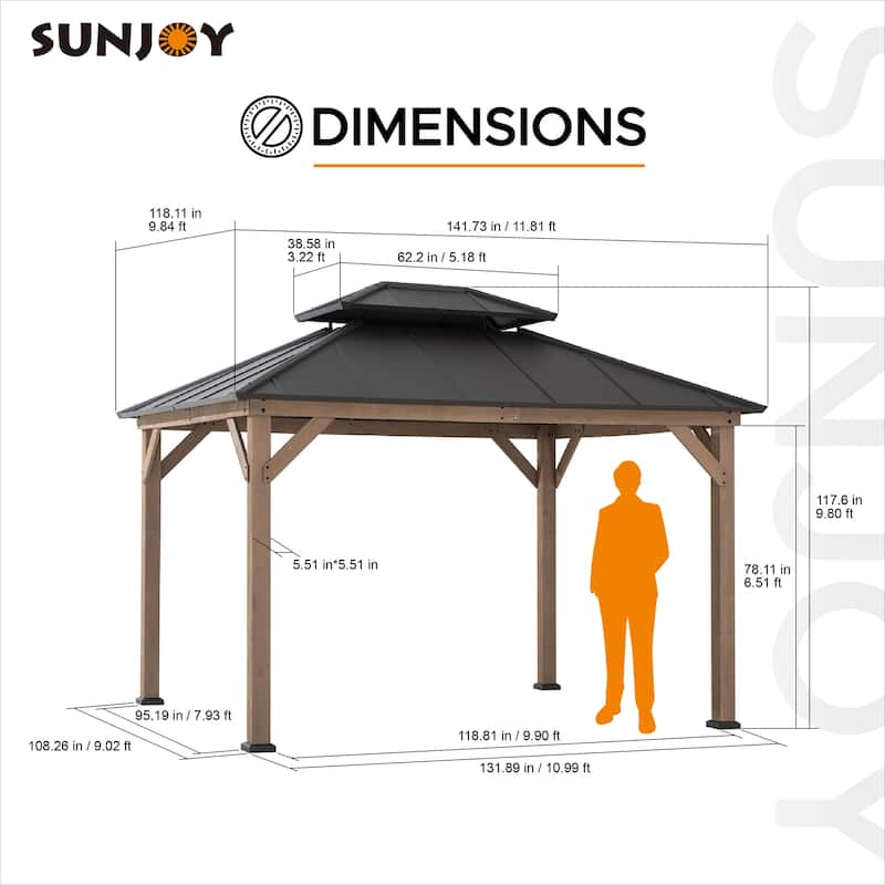 Sunjoy Outdoor Cedar Wood Frame Patio Gazebo Steel Hardtop