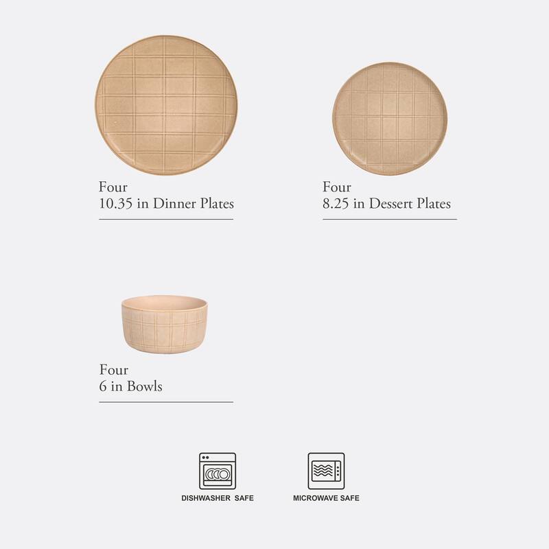 Gisbon Elite Butterwick 12 Piece Plates and Bowls Stoneware Dinnerware Set - Reactive Glaze Patterned Dishes