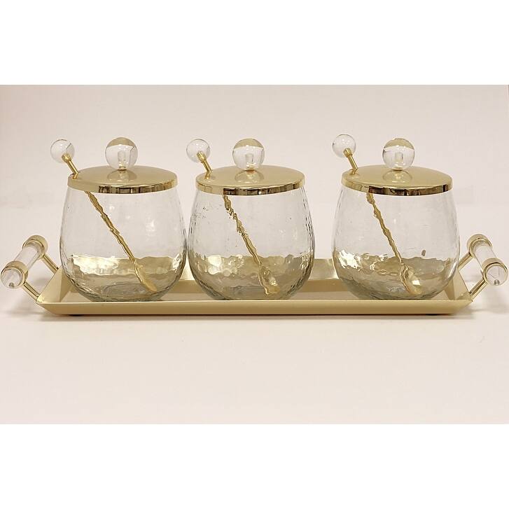 3 Canisters on Rectangle Tray with with Clear Ball Knobs - Gold