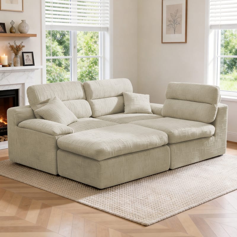 111" L-Shaped Slub Chenille Sofa with High Backrest, No Assembly Required