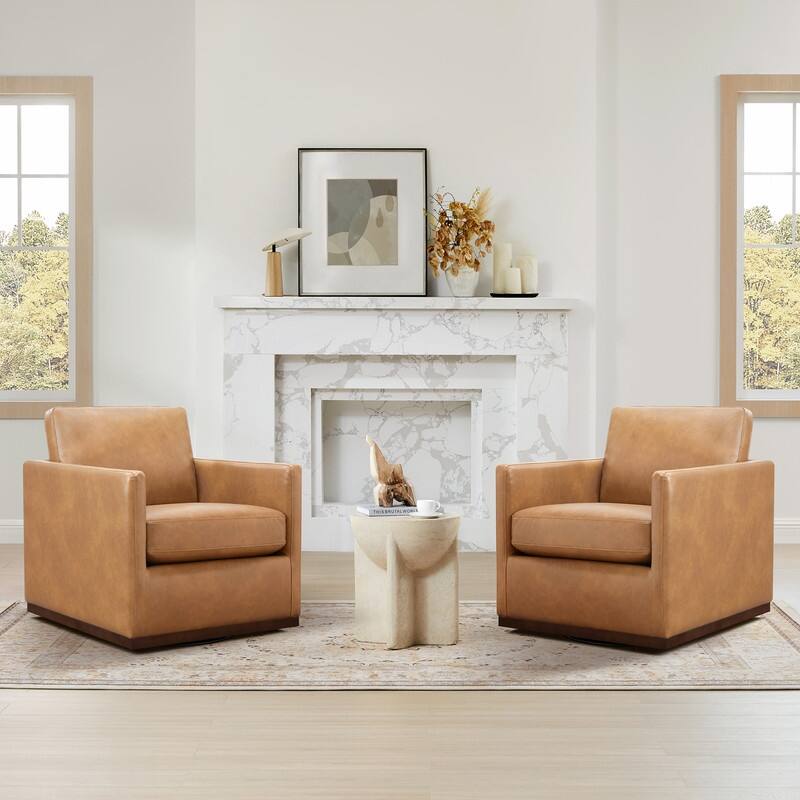 Spruce & Spring Modern Swivel Accent Chair with Wooden Base - Set of 2 - Camel-Faux Leather