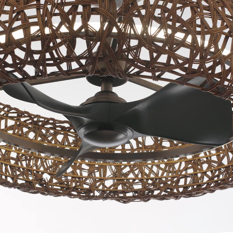 Ceiling Fan 35" Perimost 3-Blade Farmhouse Rattan LED