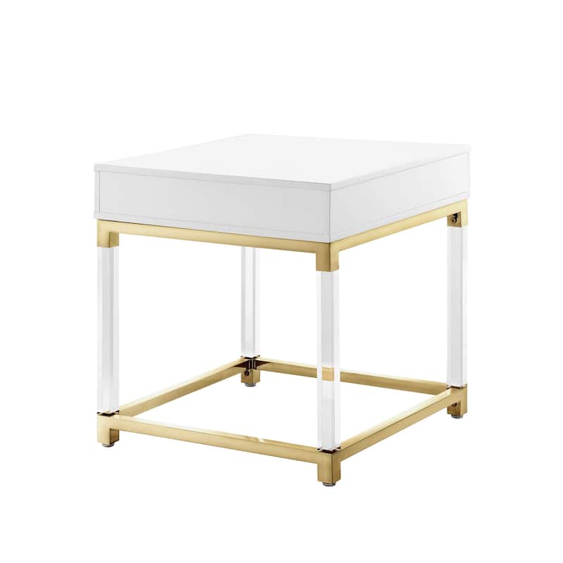 HomeRoots 24" White and Gold Wood Acrylic and Stainless Steel Square End Table With Drawer - 24' X '24' X '24