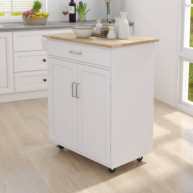 Rubber Wood Table Top Kitchen Island, Rolling Trolley Cart on Wheels, Kitchen Storage Cart with Towel Rack, 1 Drawer & 2 Doors