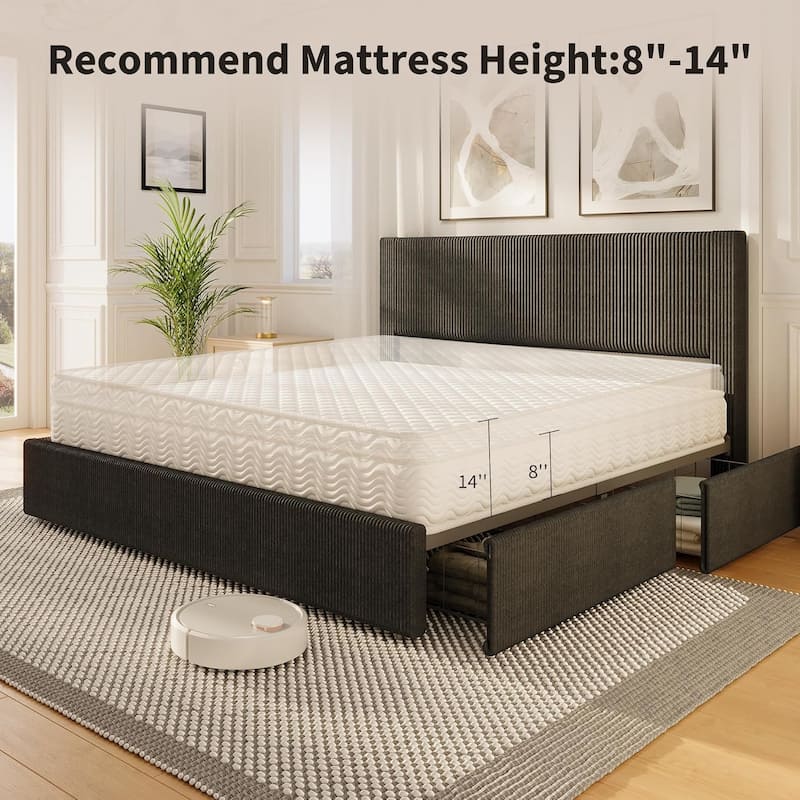 Upholstered Platform Bed with 4 Storage Drawers, Channel Tufted Wingback Headboard & Solid Wood Slat Support