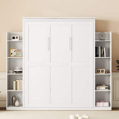 Murphy Bed with Storage and LED Lighting, Full/Queen Size Wall Bed Cabinet, Foldable Space-Saving Bed for Apartments