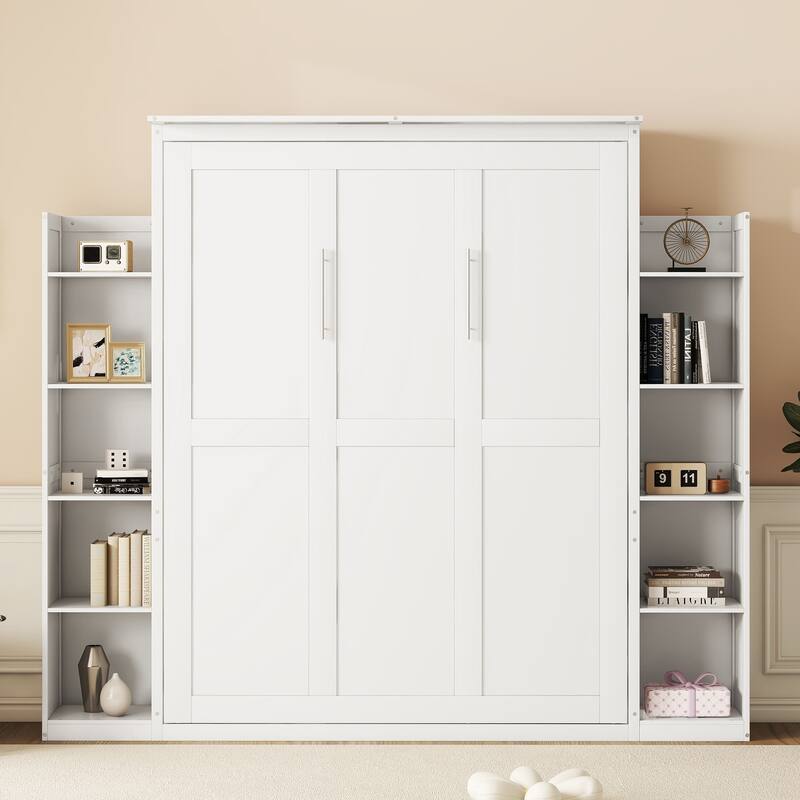 Wooden Wall Murphy Bed with Side Bookshelf & LED Lights
