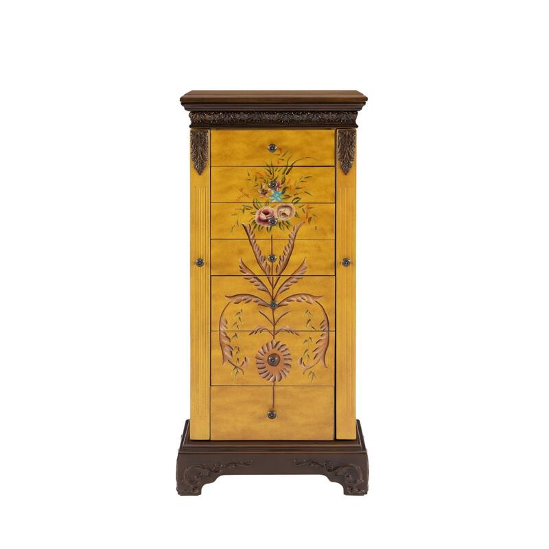 Hand carved Floral Jewelry Armoire with 7 Drawers - 41.5" - Yellow and Brown