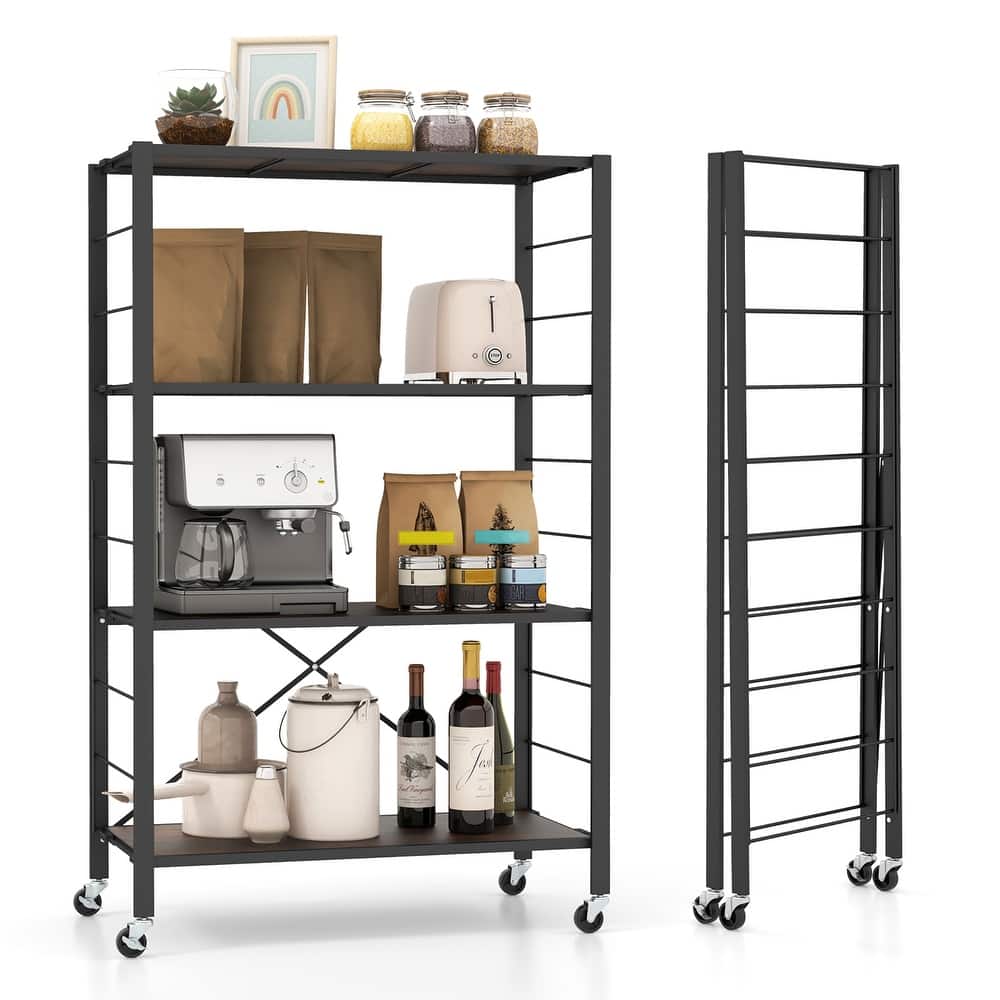 Gymax 4-tier Foldable Storage Shelf w/ Lockable Wheels Home Shelving