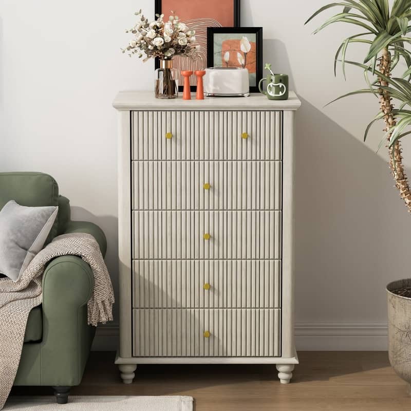 Modern Fluted 5 Drawer Dresser with Metal Handles for Stylish Bedroom Organization and Storage - Beige