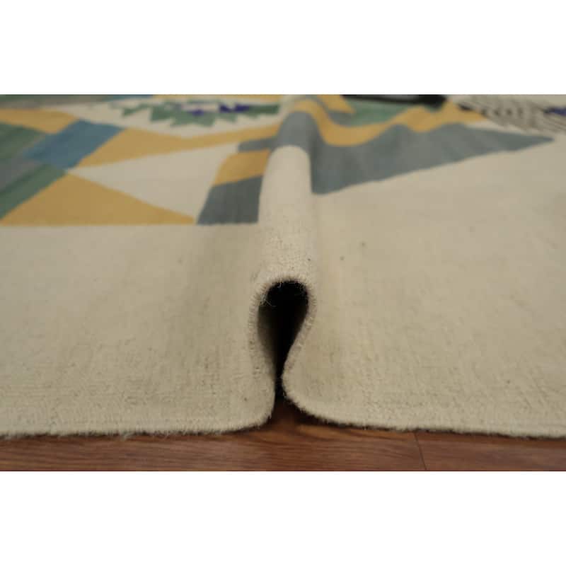 Hand Woven Oriental 100% Wool Carpet Southwestern Modern Beige & Ivories Kilim Area Rug - 11' 11'' X 8' 8''
