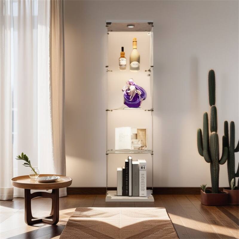 Lighted 4 Shelves Glass Cabinet Glass Display Cabinet with One Door