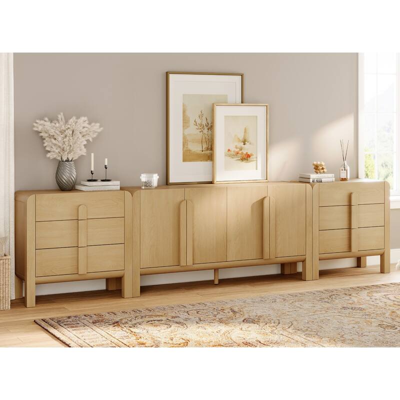 WAMPAT 3-Piece Sideboard Buffet With Storage, Mid-Century Modern 126" Wood Credenza With Doors And Adjustable Shelves