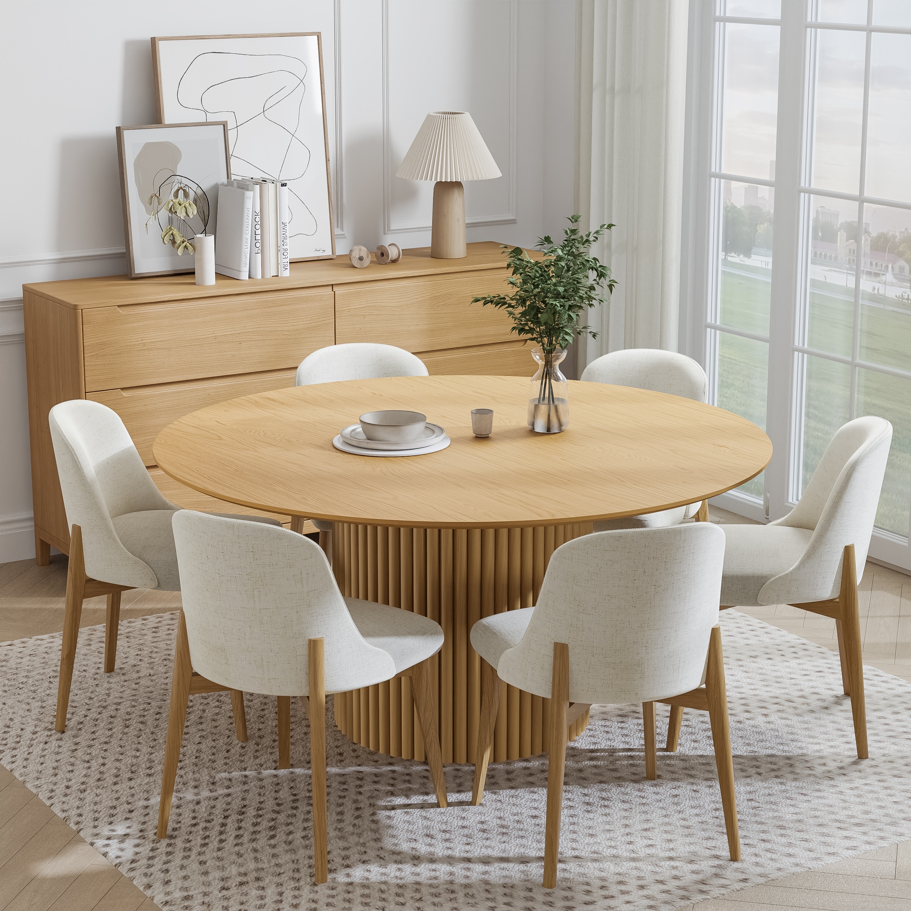 Dovelina Round Wooden Dining Table - Fluted Base, Natural Oak Finish for Dining Room