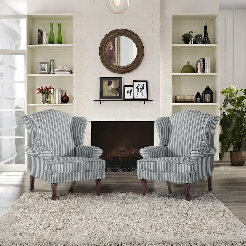 Set of 2 Elegant Living Room Wing Back Arm Chair Upholstered Accent Chair - STRIPE GREY