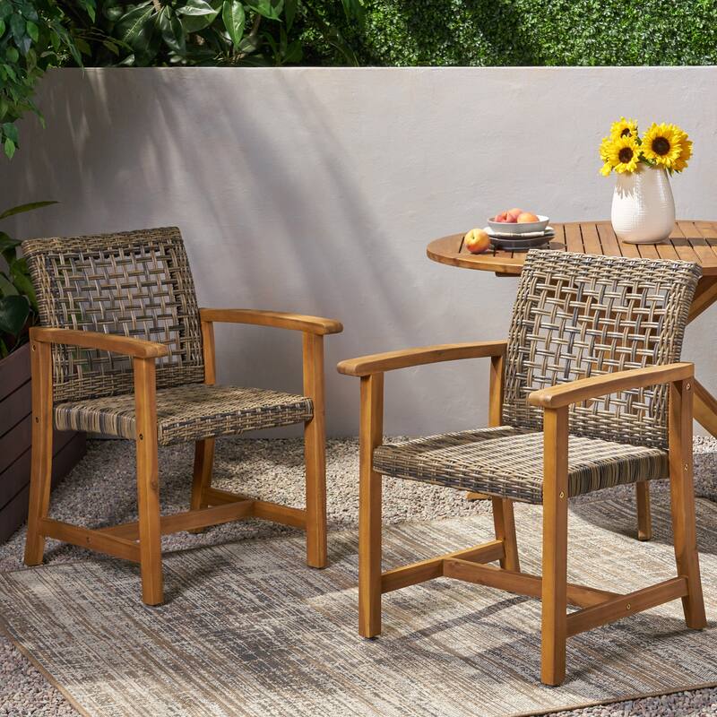 2pc Hampton Dining Chair Set Natural Stained Acacia Wood and PE Rattan Outdoor Patio Furniture 33in - Natural Stained