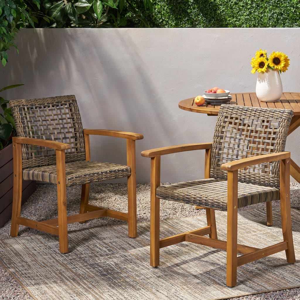 2pc Hampton Dining Chair Set Natural Stained Acacia Wood and PE Rattan Outdoor Patio Furniture 33in