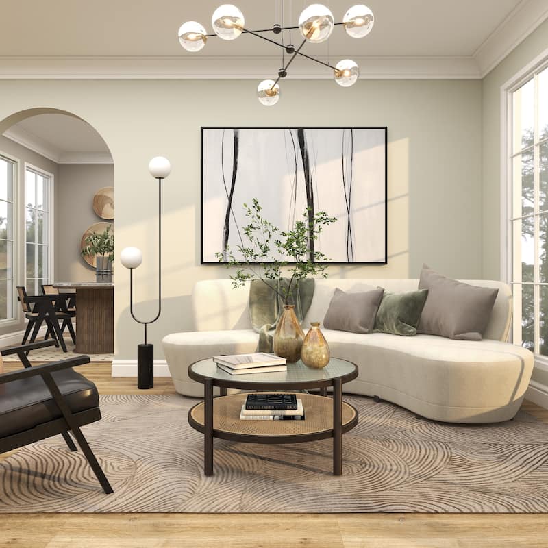 Rattan Living Room Coffee Table with Pressed Tempered Glass Top - Brown - Roche River Decor