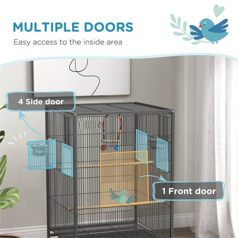 Gray Metal Bird Cage with Sliding Doors Perches Swing and Wheels for Small to Medium Birds - 19" L x 18" W x 29.25" H