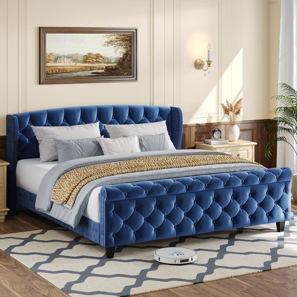 Christopher Knight Home - Amara Traditional Velvet Upholstered Sleigh Bed with Wingback Headboard & Scroll Footboard, King Size