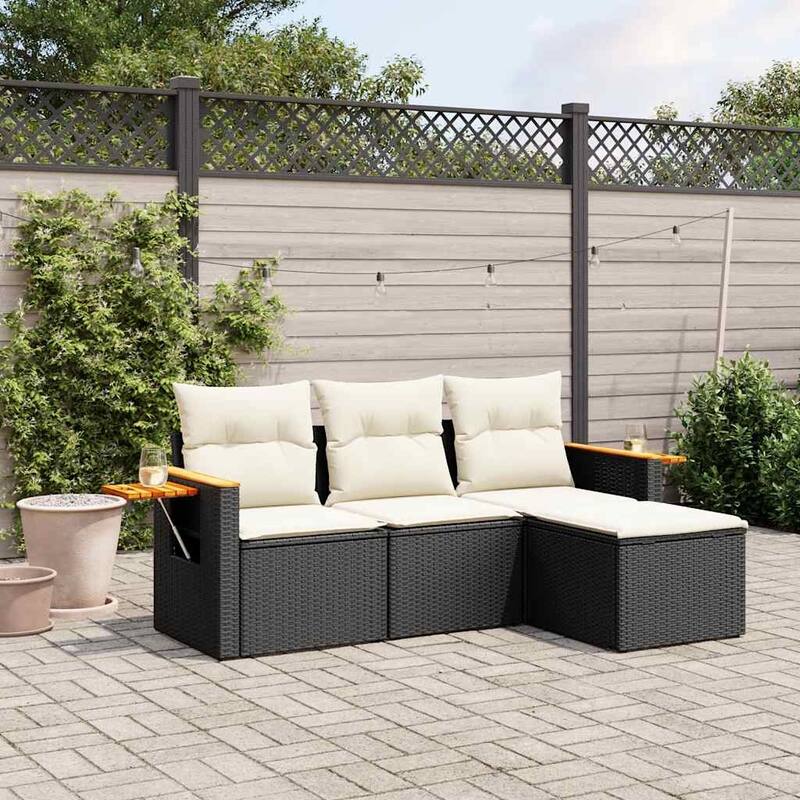 vidaXL Patio Sofa Set with Cushions Outdoor Furniture 4 Piece Poly Rattan - 21.7 x 21.7 x 14.6 in - Black and cream
