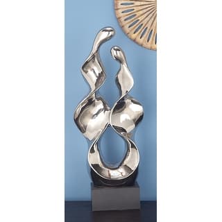 Silver Ceramic Abstract Decorative Sculpture with Black Base - 10 x 6 x 27