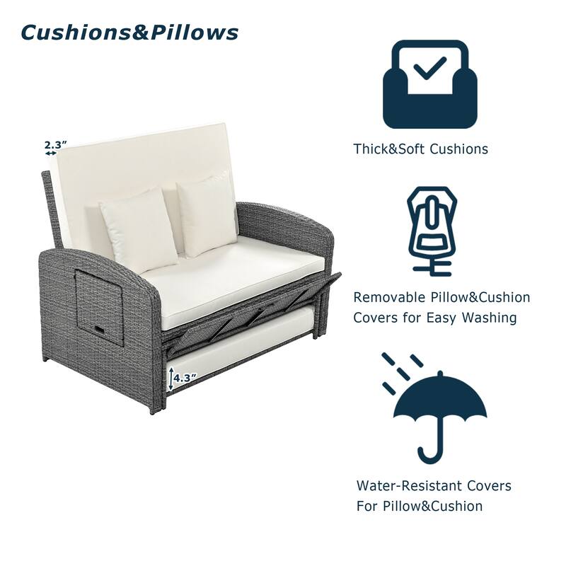 2-Person Reclining Daybed, PE Wicker Rattan Double Chaise Lounge w/ Adjustable Back & Cushions, White