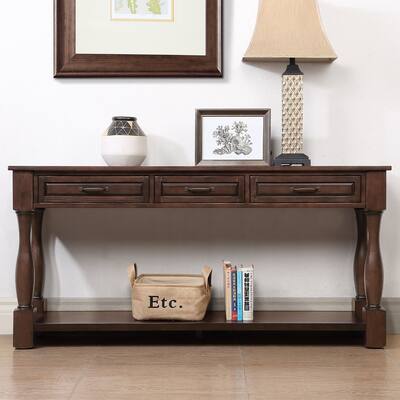 63" Long Wooden Console Table Entryway Table with 3 Storage Shelves and Open Storage Shelf, Easy Assembly Hallway Tables